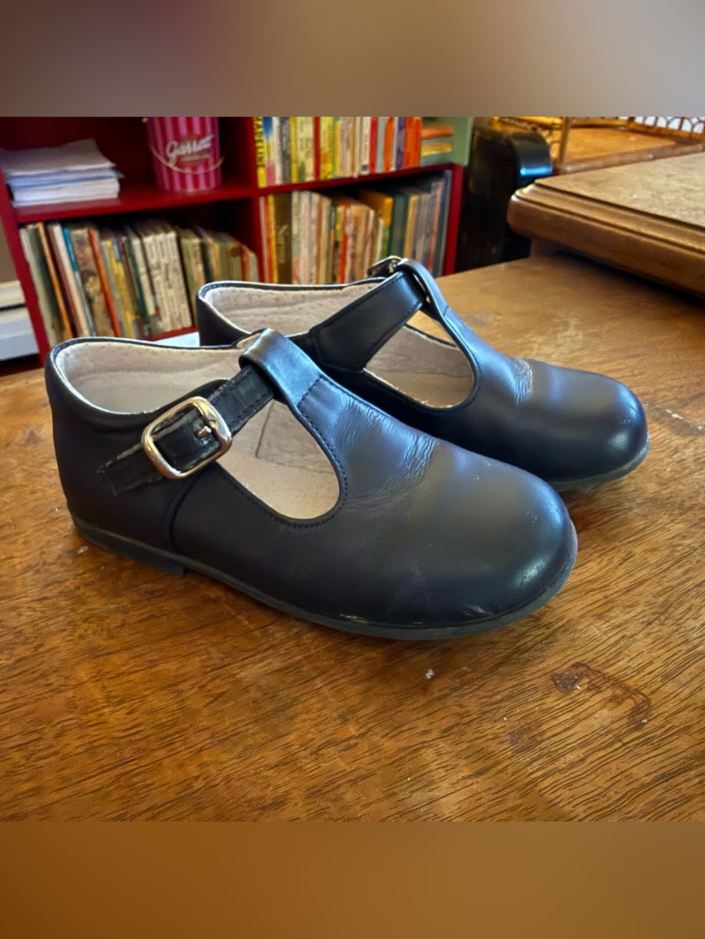 La Coqueta Navy Leather T-Bar Shoes, Sz. 25 or US 9M